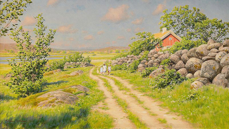 Sommarlandskap med vandrande barn